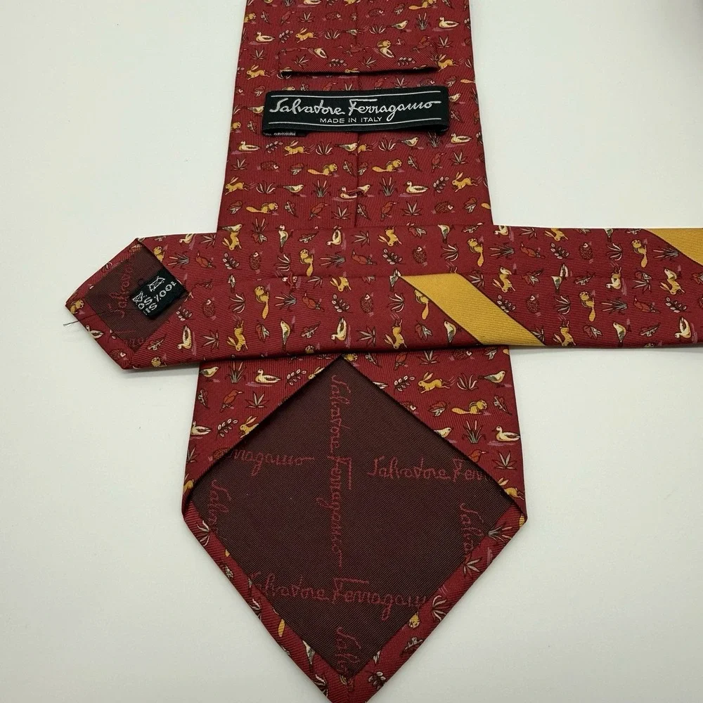 Salvatore Ferragamo‎ Silk Tie Italy Red Yellow Rabbit Bird Leaf Chipmunk Nature
